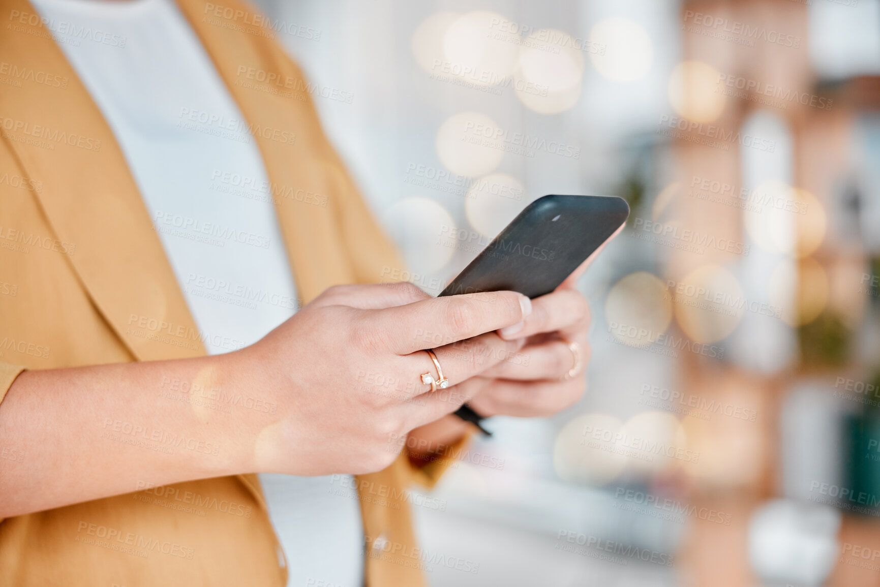 Buy stock photo Business, office and hands of woman with phone for typing text message, writing email and browse website. Networking, communication and female with smartphone for social media, chat and mobile app