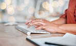 Hands, computer keyboard and typing in office, working on email or project at workplace. Bokeh, desktop and woman on pc keypad writing sales proposal, planning or research while internet browsing.