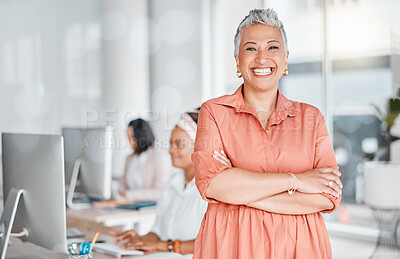 Buy stock photo Leadership, arms crossed and smile of business woman in office ready for goals. Ceo, portrait and senior female entrepreneur from India with vision, mission and success mindset in company workplace.