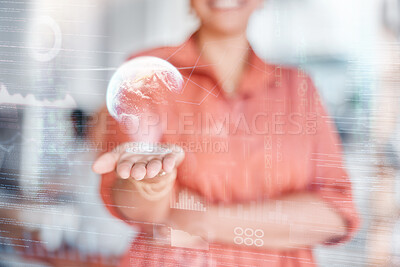 Buy stock photo Globe, hologram and woman hands for global networking, digital world overlay and futuristic company data. Holographic, future technology and person worldwide solution in palm for internet business 