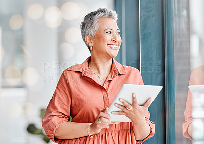 Buy stock photo Tablet, thinking and senior business woman in office contemplating, research or internet browsing. Technology, ideas or happy elderly female with touchscreen by window for networking or web scrolling