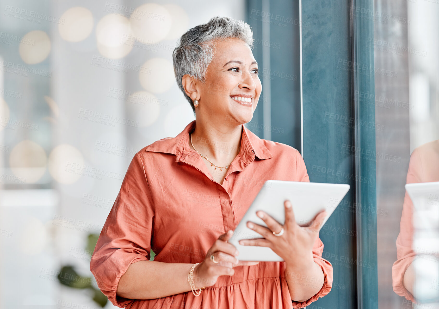 Buy stock photo Tablet, thinking and senior business woman in office contemplating, research or internet browsing. Technology, ideas or happy elderly female with touchscreen by window for networking or web scrolling
