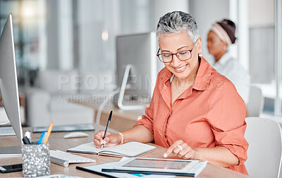 Buy stock photo Book, tablet and business woman writing, research or internet browsing in office workplace. Technology, notebook and senior female employee with touchscreen for taking notes and planning strategy.