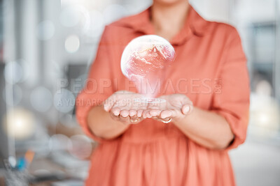 Buy stock photo Global, hologram and woman hands for world networking, communication and futuristic company outreach in bokeh. Holographic, future technology and digital person, global in palm and internet business 