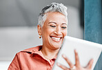 Tablet, senior woman face and working business employee reading app data in a agency. Mature worker, online planning and female with focus and mockup on a internet connection networking on the web