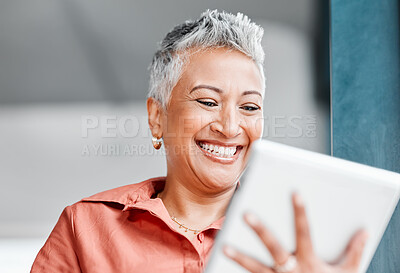 Buy stock photo Tablet meme, senior woman laugh and working business employee reading data in a agency. Mature worker, online planning and female with laugh and mockup on a internet connection networking on the web