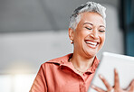 Tablet, senior and business woman laughing in office at comic meme or joke on social media. Technology, funny comedy and happy elderly female with touchscreen for web scrolling or internet browsing.