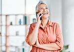 Business, smile and senior woman on a phone call for discussion, client networking and virtual meeting. Communication, connection and female ceo speaking, talking and in conversation on smartphone