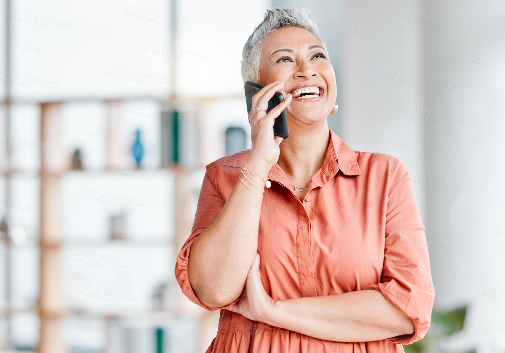 Buy stock photo Business, smile and senior woman on a phone call for discussion, conversation and client meeting. Communication, networking mockup and female ceo laughing on smartphone for funny joke in office