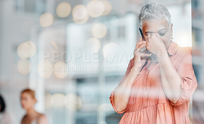 Buy stock photo Stress, headache and phone call of senior woman feeling pain, tired or exhausted. Bokeh window, mental health or ceo with depression, anxiety or migraine while talking on mobile with bad news mockup.