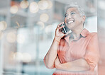 Business, smile and senior woman on a phone call for discussion, client networking and connection by window. Communication, meeting and female ceo speaking, talking and in conversation on smartphone