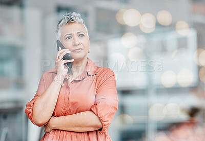 Buy stock photo Sad, phone call and senior business woman talking, chatting or speaking in workplace. Bokeh window, cellphone communication and ceo thinking, angry and bad news discussion on smartphone.