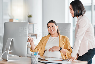 Buy stock photo Pregnancy, business people and office talk by computer with tablet, pointing and strategy with future mom. Pregnant woman, desk and happy chat in public relations career with friends, abdomen and pc