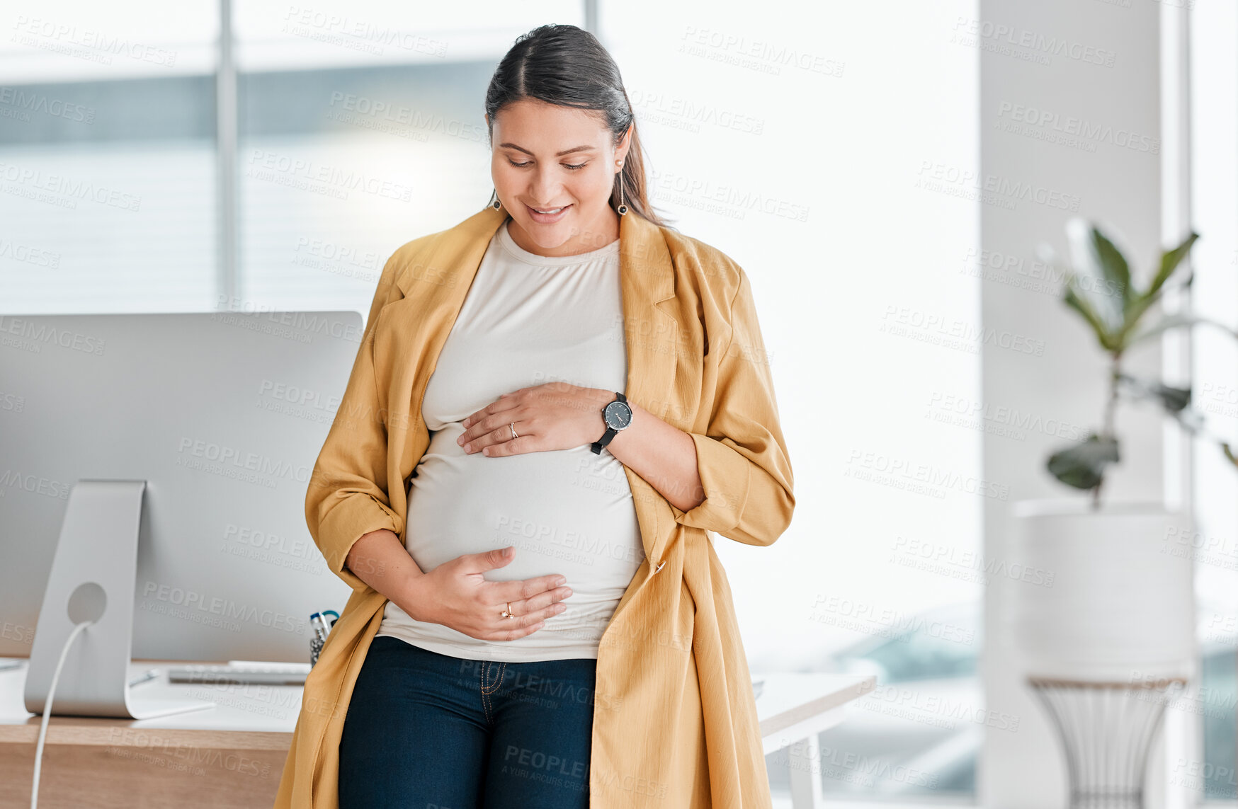 Buy stock photo Pregnant, stomach and business woman in office workplace feeling love, happy and hope for baby. Pregnancy, maternity and female employee touching belly caring, affection and excited for childbirth.