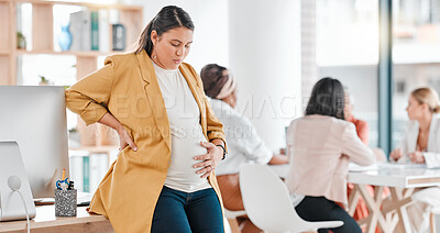 Buy stock photo Pregnant woman, office and tired with hand on stomach, burnout and thinking by desk for wellness. Startup, corporate executive and pregnancy with stress, overworked and anxiety for health in future