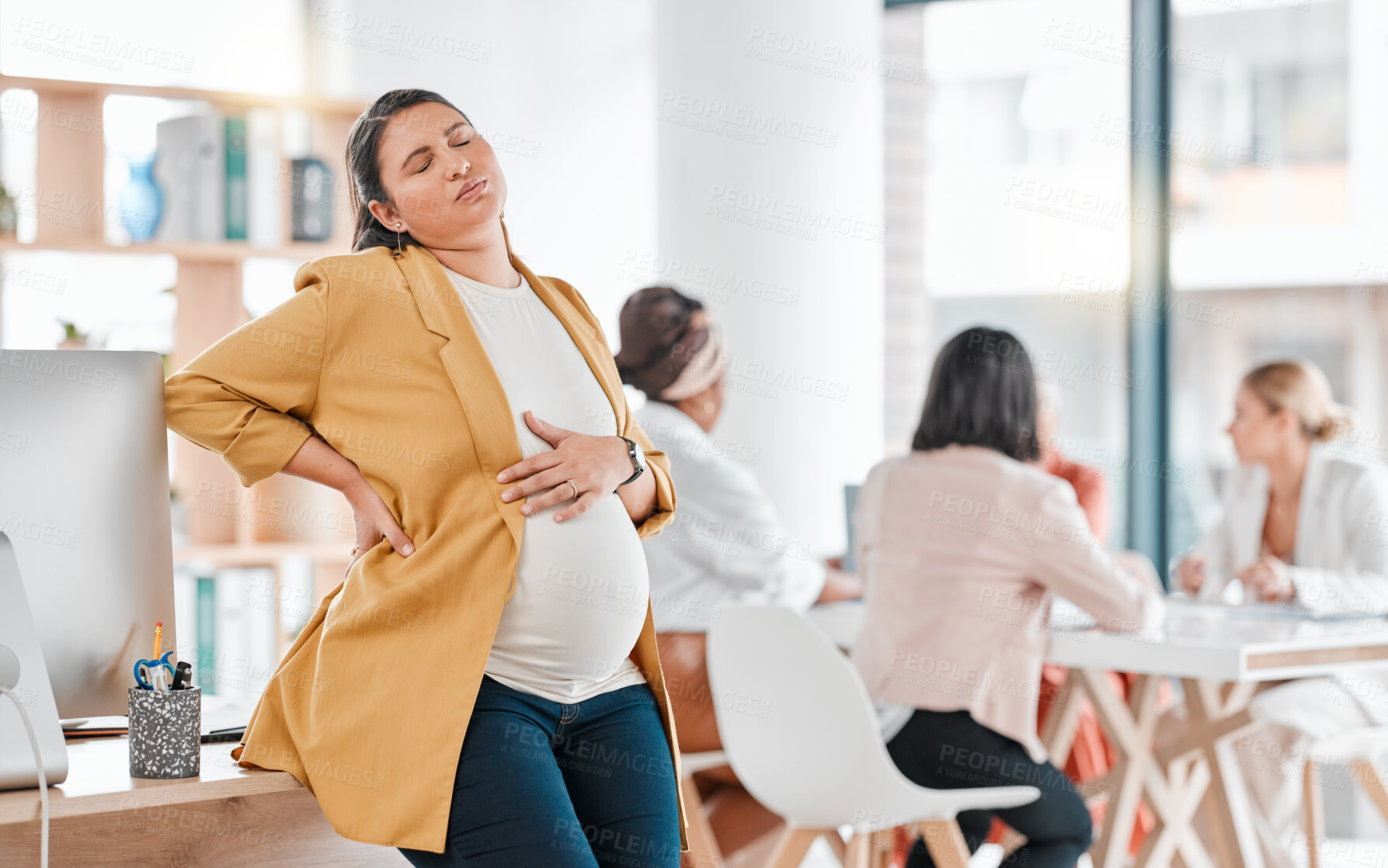 Buy stock photo Business, pregnant and woman with pain, office and manager with contractions, muscle tension and strain. Pregnancy, leadership and female employee touching tummy, stomach and belly in workplace