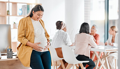 Buy stock photo Stomach, pregnant and business woman in office workplace feeling love, happy and hope for baby. Pregnancy, maternity and female employee touching belly with care, affection and excited for childbirth