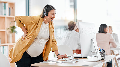 Buy stock photo Pregnant, computer and woman in call center office or workplace for customer service. Pregnancy, telemarketing and happy sales agent, consultant and mother typing on desktop, consulting and working.