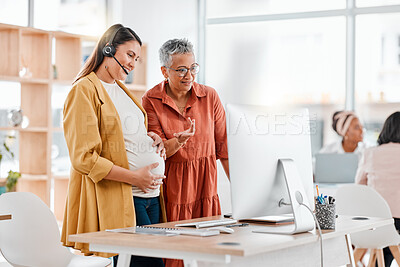 Buy stock photo Call center, pregnant and women on computer in office or workplace for customer service. Pregnancy, telemarketing and collaboration of happy manager talking with employee, consultant or sales agent.