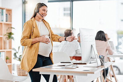 Buy stock photo Call center, conversation and pregnant woman in telemarketing support on a computer. Contact us, consulting and customer service employee talking for digital help, advice and work during pregnancy