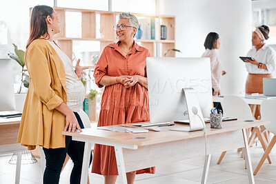 Buy stock photo Pregnant woman, manager and talk in startup office for planning, coaching or strategy by computer. Corporate teamwork and pregnancy with vision, motivation and brainstorming for company goals at desk