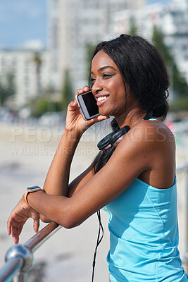 Buy stock photo Black woman on a phone call in city summer, vacation or holiday outdoor on 5g networking technology. Young student, youth or person on smartphone in USA Miami talking, chat or communication online