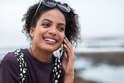 Buy stock photo Phone call, beach and black woman with communication, news or 5g networking for opportunity and online talking. Happy gen z or USA person on smartphone conversation by ocean or sea for a holiday chat