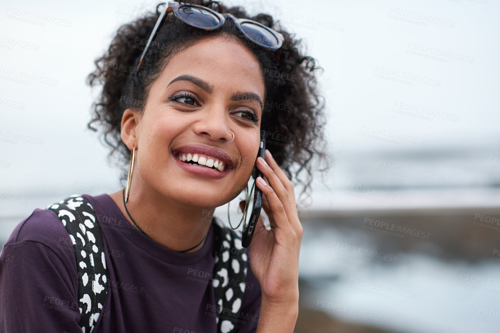 Buy stock photo Phone call, beach and black woman with communication, news or 5g networking for opportunity and online talking. Happy gen z or USA person on smartphone conversation by ocean or sea for a holiday chat