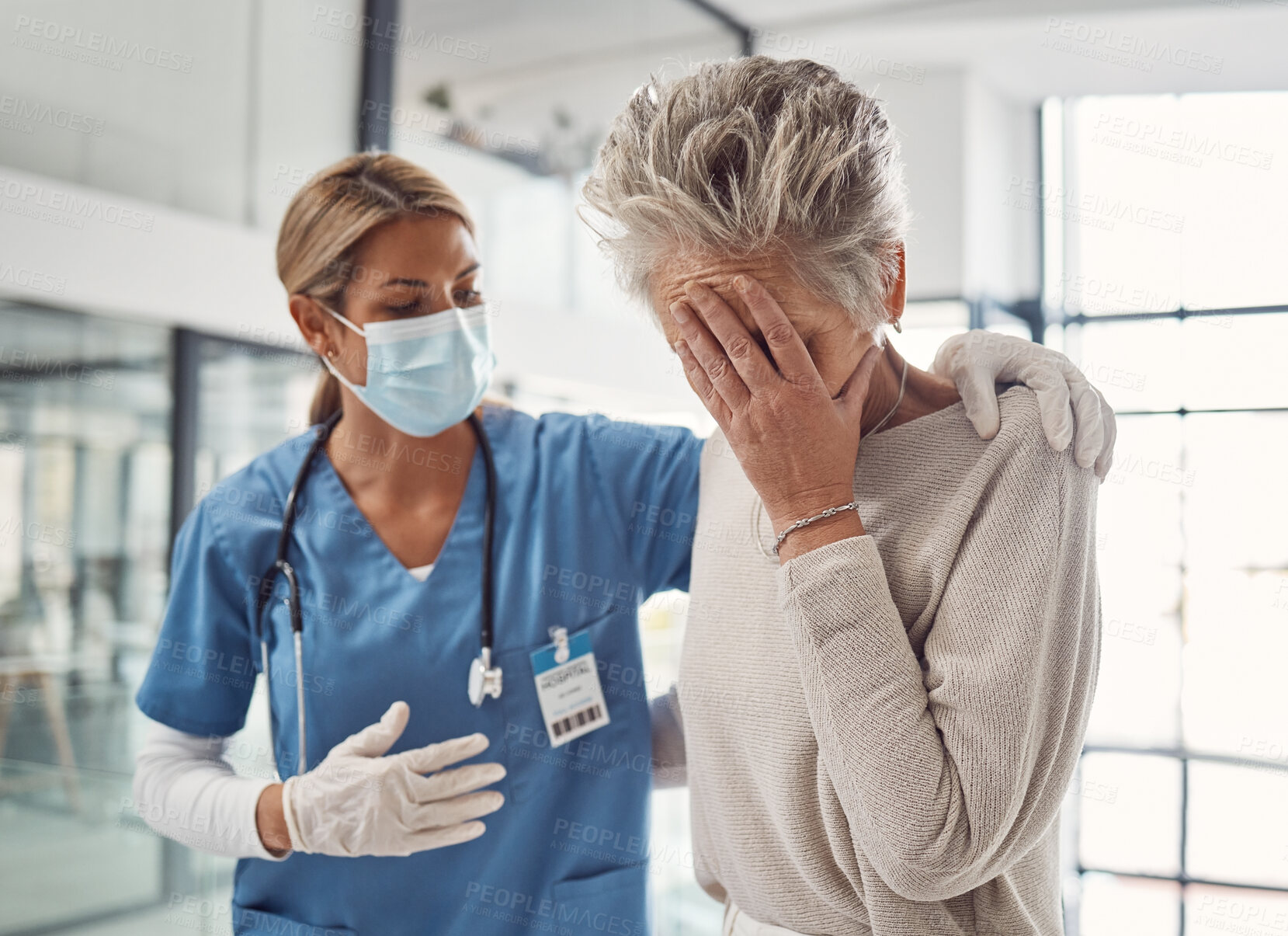 Buy stock photo Healthcare, headache and a nurse helping a senior patient in the hospital with diagnosis or treatment. Medical, covid and consulting with a woman medicine professional working in a clinic for health
