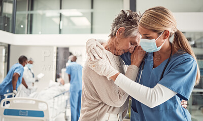 Buy stock photo Doctor, hug and sad senior woman in hospital for support, comfort and empathy for surgery of husband. Medic, face mask and embrace wife of patient with covid 19 emergency in clinic with solidarity