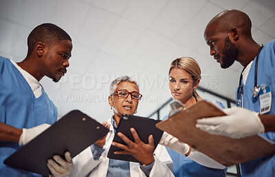 Buy stock photo Tablet, teamwork and group of doctors in hospital management, results and medical data with manager. Nurse, professional healthcare people and technology of clinic review, planning or problem solving