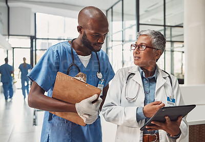 Buy stock photo Doctors, nurse and teamwork on tablet for hospital management, data report and black people support. Clinic results, research and data analysis of professional healthcare worker and medical manager