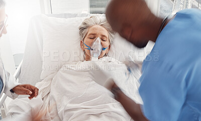 Buy stock photo Senior woman, oxygen mask and emergency in hospital bed, healthcare and doctors helping lady. Medical professionals, female patient and senior citizen with disease, illness and teamwork to assist