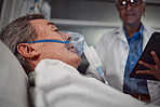 Oxygen mask, healthcare and senior man in the hospital after a surgery, treatment or medical procedure. Recovery, bed and elderly male patient in a consultation with a surgeon or doctor at a clinic.