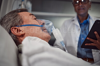 Buy stock photo Oxygen mask, healthcare and senior man in the hospital after a surgery, treatment or medical procedure. Recovery, bed and elderly male patient in a consultation with a surgeon or doctor at a clinic.