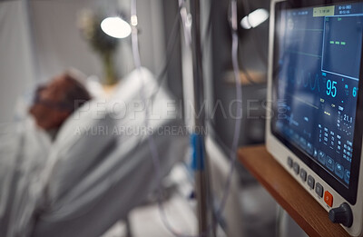 Buy stock photo Hospital electrocardiogram, critical care and icu patient with doctor tech in a clinic. Blurred background, heart rate monitor and healthcare technology screen with cardiology and blurred background