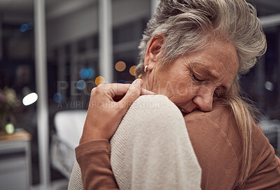 Buy stock photo Hug, support and family at hospital to comfort after cancer diagnosis, disease or illness at night. Sad, depression and senior woman and girl hugging, embrace or cuddle for empathy, love and hope.