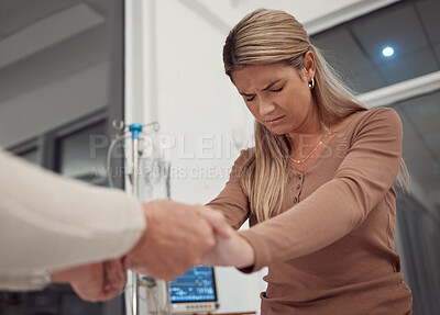 Buy stock photo Holding hands, support and prayer of woman at hospital for hope, healing or miracle. Christian, worship and people together for unity in crisis, cancer or bad news, trust or comfort while praying.