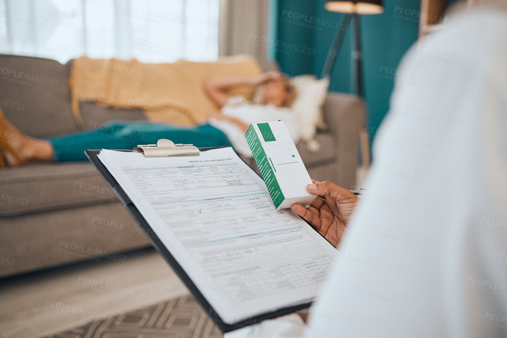 Buy stock photo Medication, mental health and healthcare insurance paperwork in a psychology clinic session. Medical document, pill box and therapist doctor with prescription medicine for a patient in her office.