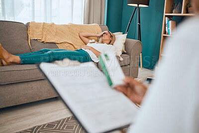 Buy stock photo Psychology, mental health and woman at a counseling session relaxing on a sofa while talking. Therapy, rest and emotional female patient lying on the couch in the therapist office during consultation