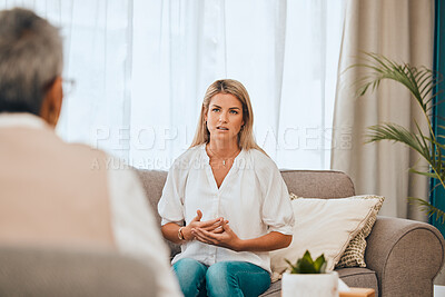 Buy stock photo Woman, communication and psychology consulting for therapy, mental healthcare or support. Patient talking to psychologist, therapist and counseling help for medical depression, life stress or anxiety