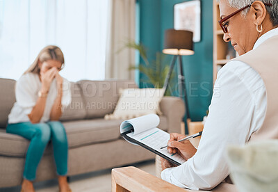 Buy stock photo Psychology, therapy and women, mental health and depression with counseling, psychologist writing notes and diagnosis. Talk about trauma, stress or frustrated, grief and loss, support and checklist