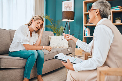 Buy stock photo Woman on sofa, psychologist with advice and clipboard for mental health and consulting office. Stress, anxiety and depression, sad and depressed patient and healthcare therapist in consultation room.