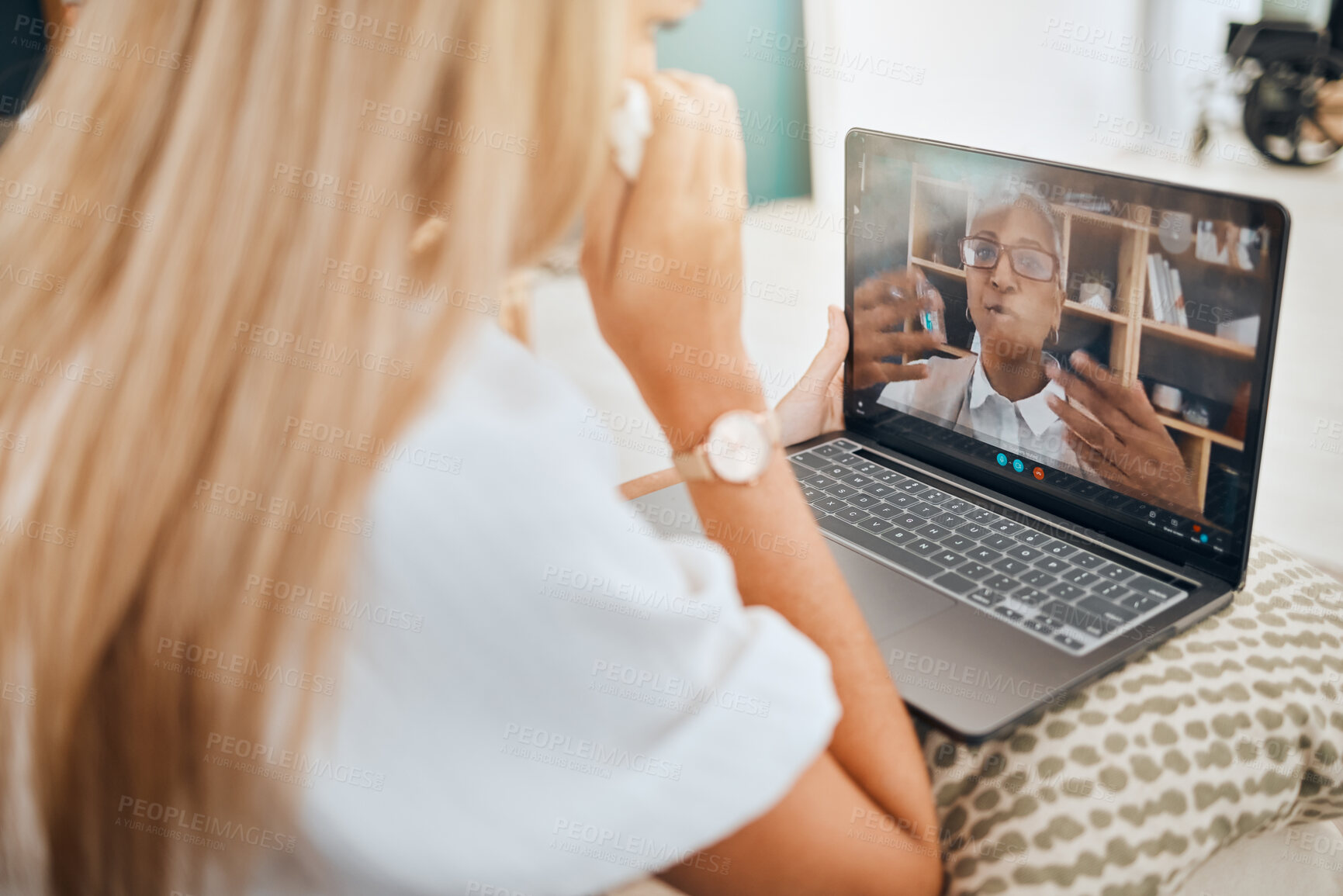 Buy stock photo Laptop, video call and mental health with virtual counselling consultation, doctor and patient with communication Psychologist, depression and women talk about trauma and anxiety, support and trust