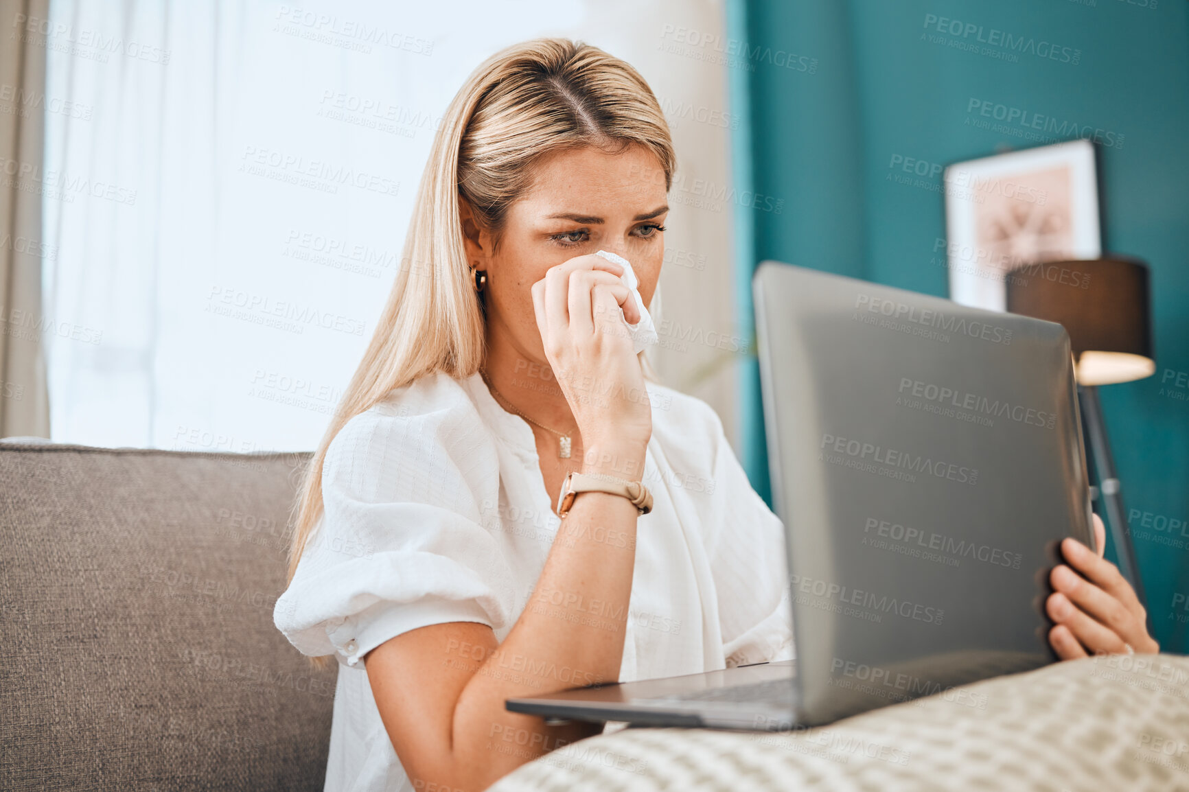 Buy stock photo Sad, crying and laptop with woman on sofa for depression, mental health and lonely from message notification. Anxiety, tears and problem with girl in living room at home for news, stress and suffer