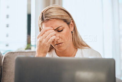 Buy stock photo Headache, office laptop and business woman with work stress and technology burnout. Anxiety, mental health problem and employee working on a computer glitch and 404 tech issue feeling frustration