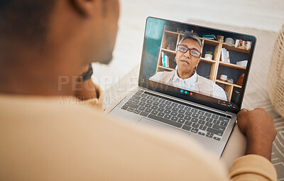 Buy stock photo Laptop, video call and mental health with virtual counseling consultation, doctor and patient with communication Psychologist, depression and people talk of trauma and anxiety, support and trust