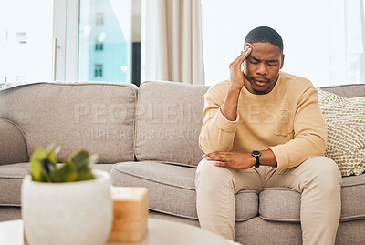 Buy stock photo Black man with headache, stress and burnout with mental health and anxiety, therapy and problem. Person in crisis, psychology and frustrated with migraine, pain and depressed, worried and fatigue