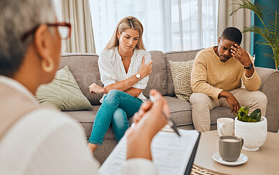 Buy stock photo Couple on sofa, psychologist with clipboard for mental health advice and consulting in office. Stress, anxiety and depression, sad black man and woman and healthcare therapist in consultation room.