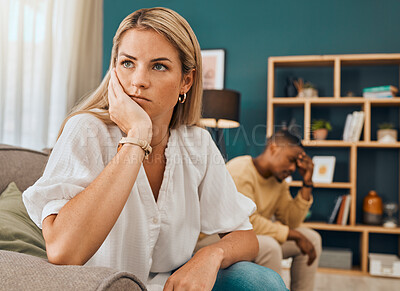 Buy stock photo Divorce, affair and interracial couple angry in lounge, upset or disagreement with affair, separation or dishonest. Anger, black man or woman in living room, mental health or annoyed with frustration
